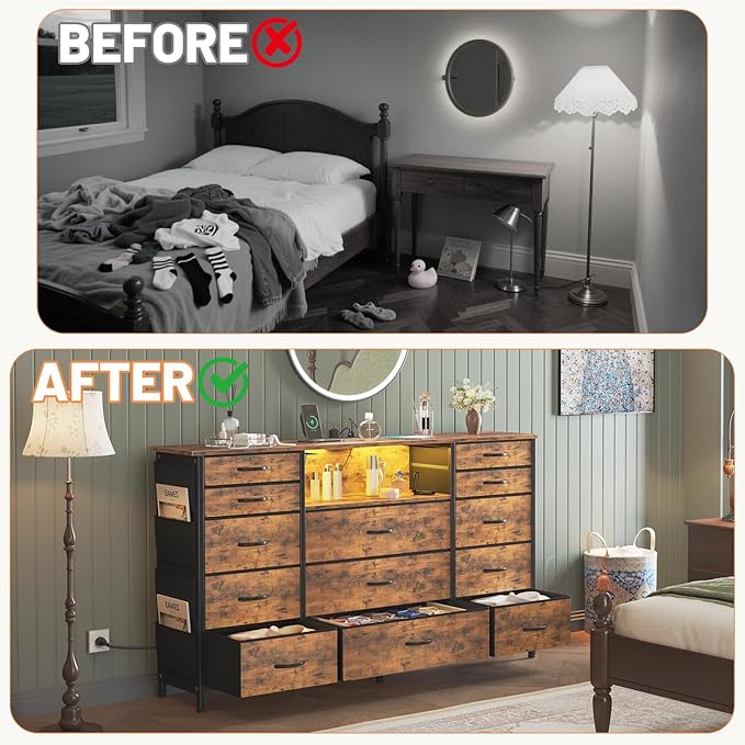 HCHQHS 47 Inch Dresser for Bedroom with 13 Drawers,Side Pockets Hooks and Lights with Remote Control,Hallway,Closet,Kitchen,Large TV Stand (Rustic Brown)