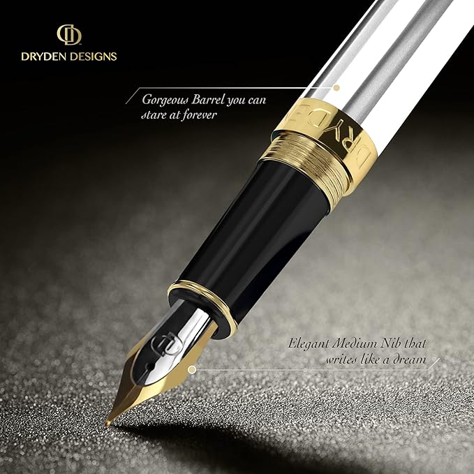 Dryden Designs Fountain Pen - Medium and Fine Nibs | Includes 24 Ink Cartridges and Ink Refill Converter | Calligraphy Pen, Consistent Writing, Smooth Flow - Pearl White.