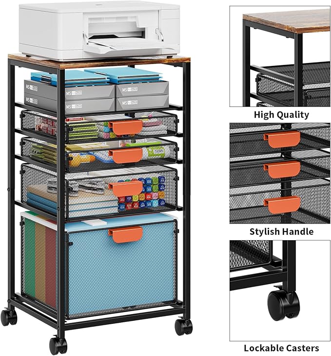 Marbrasse Rolling File Cart with 4 Storage Drawers, Mobile File Cabinet on Lockable Wheels, Hanging Filing Cabinet Organize, Under Desk Utility Cart for Home Office - Dark Brown