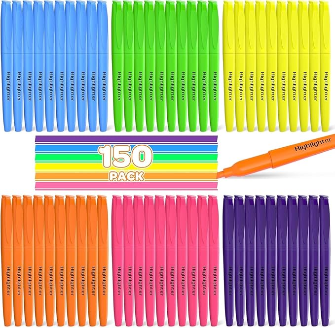 JSDOOGOO 150 Pack Highlighters Assorted Colors Bulk - Chisel Tip No Bleed Dry-Quickly Markers Set for Office Classroom Supplies, Back to School Gifts for Students Teachers