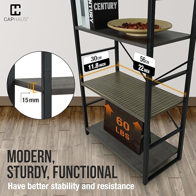 CAPHAUS 4 Tier Bookshelf, 24 Inch Width Free Standing Shelf, Bookcase Shelf Storage Organizer, Industrial Book Shelves for Home Office, Living Room, Kitchen, Dark Grey Vintage Shelves & Metal Frame