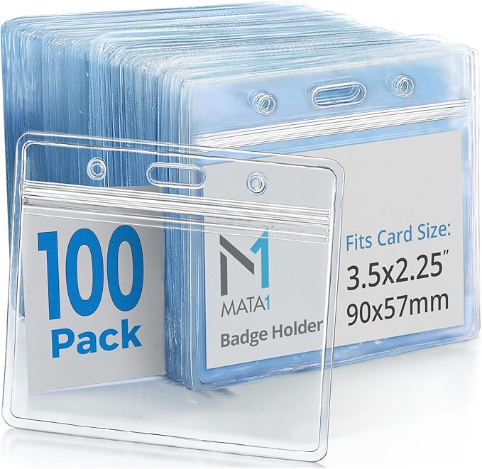 Mata1-USA Extra-Thick Plastic Card Holder (Clear, 3.5x2.25 Inch, 100 Pack), Horizontal Badge Holder for ID Name Badge with Zipper