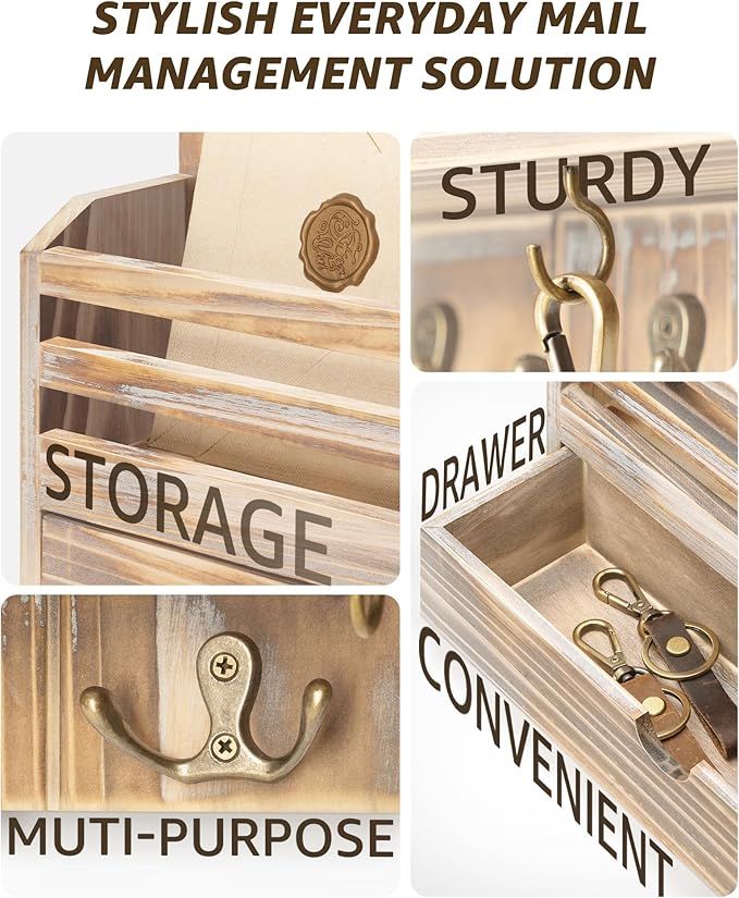 Rebee Vision Farmhouse Mail Organizer Wall Mount – Decorative Key and Mail Holder for Wall with Drawer Organizer and 7 Key Hooks – Apartment Essentials for Home Decor (Natural Wood)