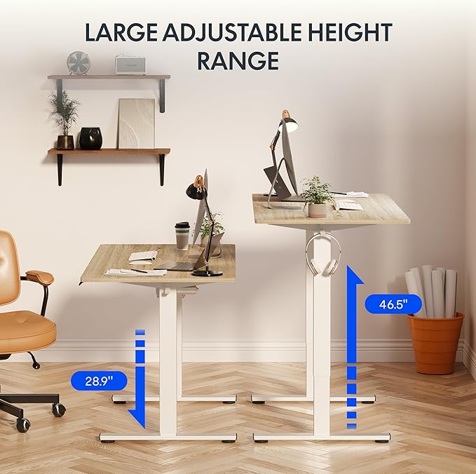 FLEXISPOT EN1 One-Piece Standing Desk, 48"x24" Seamless Desktop Electric Height Adjustable Desk for Home Office, Multi-Monitor Setups & Easy Assembly, White Wood Grain