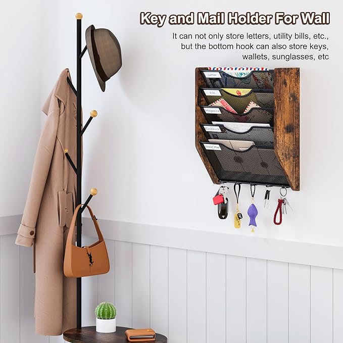 PAG-Mass Wall File Organizer With Hooks, 5 Tier Mesh Mail Organizer Wall Mounted,Hanging File Organizer,Magazine Holder for Documents,Magazine,Literature,File,Mails,Envelopes