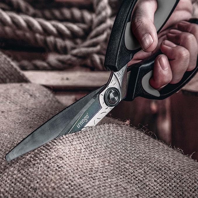 LIVINGO Heavy Duty Industrial Scissors: 10" Utility Stainless Steel Sharp Scissors all Purpose Premium Titanium Coating Forged Shop Shears for Household Pruning, Gardening, Construction, Black & Grey