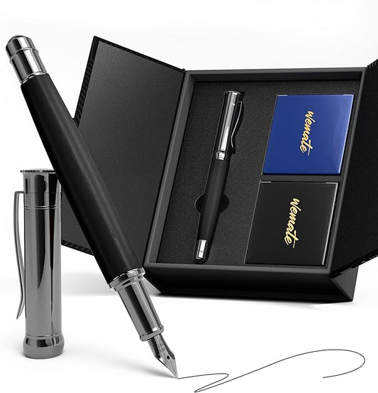 WEMATE Fountain Pen Set, Fine Nib with 20PCS 2.6MM Ink Cartridges(10 Black&10 Blue),1 Ink Converter, Nice Luxury pen for Men, Women, Cool Wooden Fountain Pen for Writing, Journaling, Calligraphy