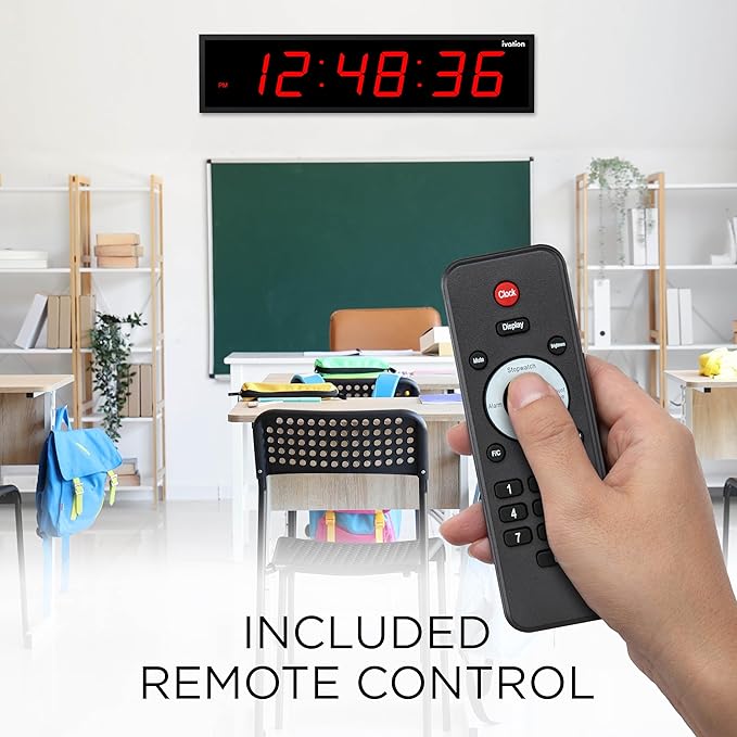Ivation Huge Oversized 60" Large Digital LED Clock | Big Digital Clock w/Multi-Function Display – Stopwatch, Timer, Alarms, Temp & Date | 6 Brightness Levels, Time Memory & Remote (Red)