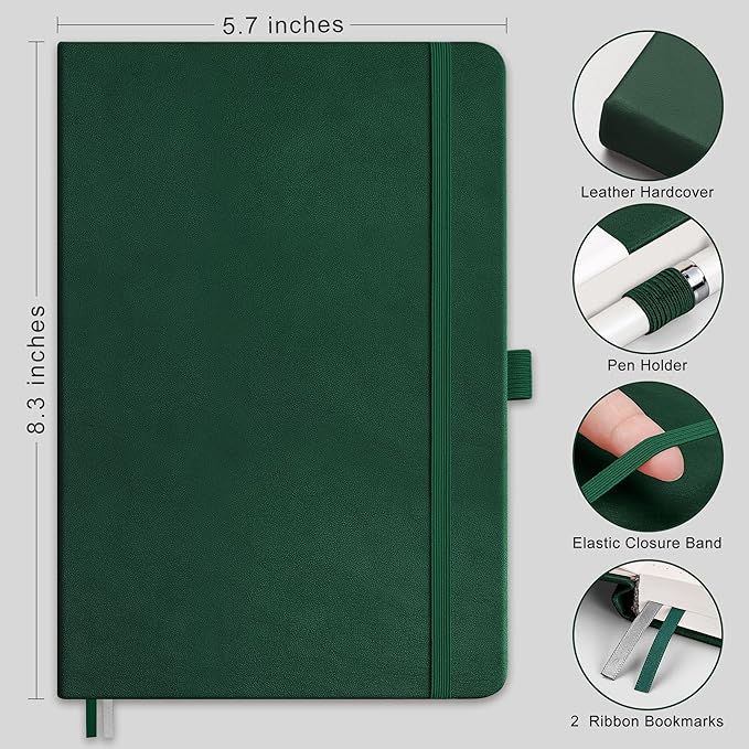RETTACY Bullet Dotted Journal Notebook, 256 Pages, A5 Medium Size (5.7'' × 8.3''), Leather Hardcover, 120 GSM Thick Paper, for Bullet Journaling, Planning, Tracking (Dark Green)