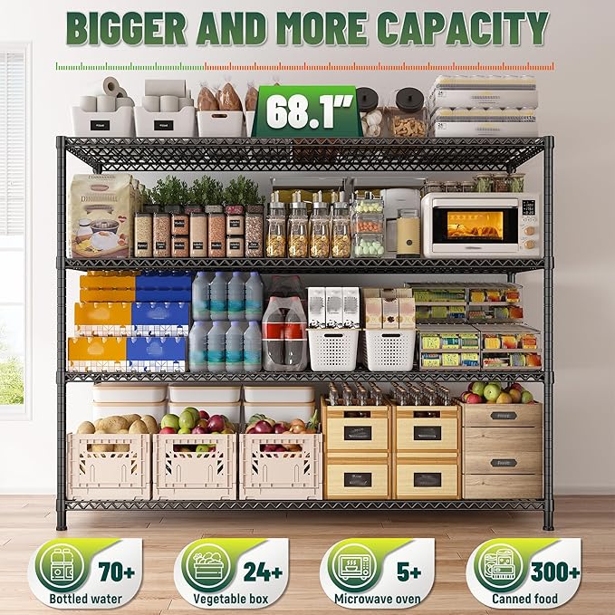 DurayLoly 2500 LBS Shelf Storage Shelves 68.1" W Wire Shelving Unit, Garage Shelving Heavy Duty, Adjustable Metal Shelving for Garage, Pantry, Kitchen, Basement, Business 68.1" W x 20.9" D x 70.9" H