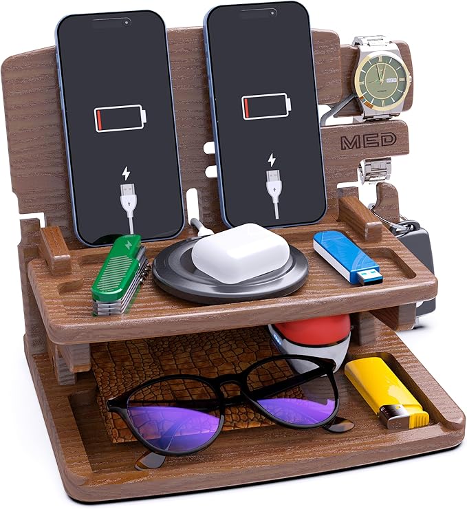 MED Wood Phone Docking Station – Nightstand Desk Organizer for Phone, Watch, Wallet & Tablet – Gift for Men, Husband, Dad & Women – Wooden Charging Stand, (Dark Walnut, Model 2)