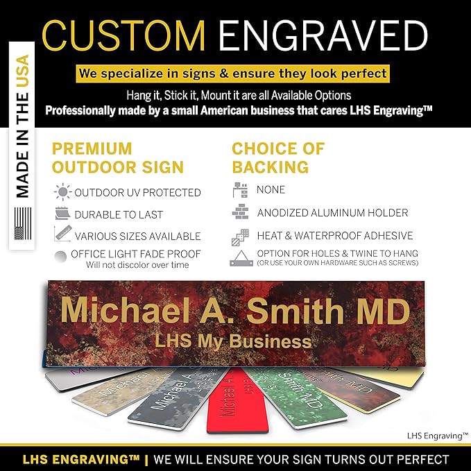 Custom Name Plate with Choice of Mounting for Walls, Doors, Cubicles, Hanging and More - Personalized Rustico Granite Plastic Gold Letters - USA Made 2x12 - S7