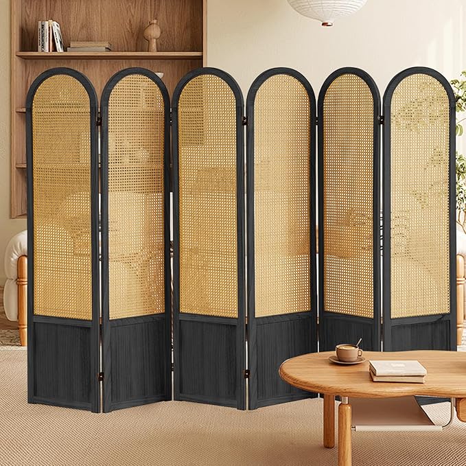 Asnefeli Room Divider 4 Panels, Folding Privacy Screen, Foldable Wood Rattan Room Divider Panel, Portable Partition Screen, Wall Divider for Room Separation Bedroom Home Office Garden Terrace (Black)