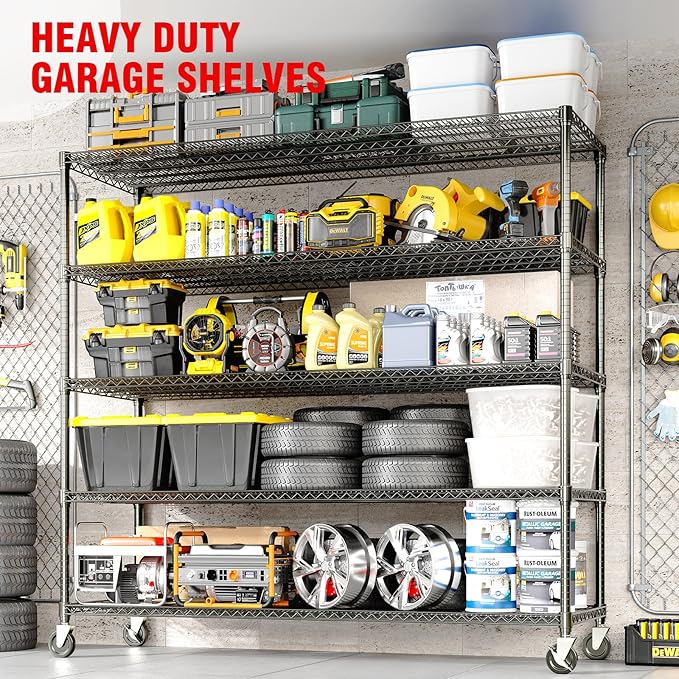 MilleLoom 82" H Storage Shelves with Wheels, 5-Tier Metal Shelving Unit Load 3300LBS Capacity, Adjustable Wire Shelf Rack w/Feets, Heavy Duty Storage Shelving for Garage Pantry Rooms, 59" W X 24" D