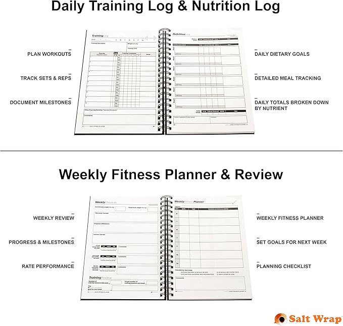 SaltWrap Daily Fitness Planner - Gym Workout Training Log, Weightlifting Exercise Journal, and Food/Diet Tracker - Daily and Weekly Pages, Goal Tracking, Spiral-Bound, 7 x 10 inches