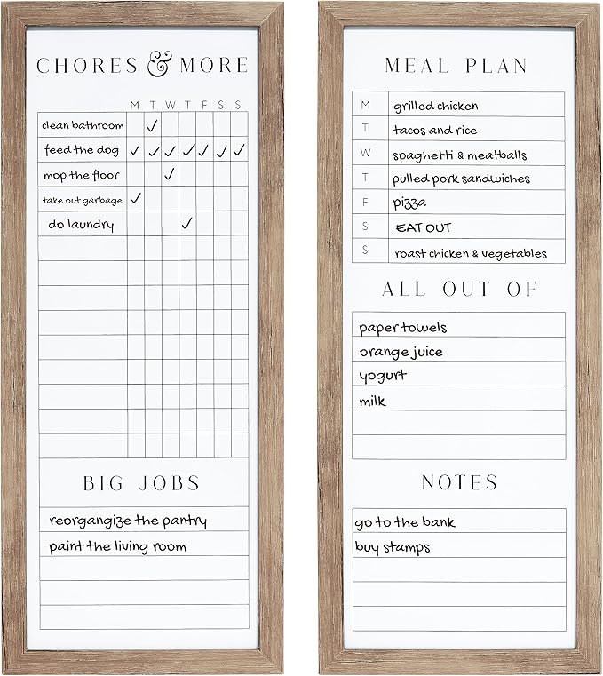 Sheffield Home Set of Two Family Planner Dry Erase Boards Featuring, Chore Chart, Shopping List, Weekly Meal Planner and Notes, 9x21 Inch, Natural