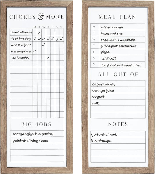 Sheffield Home Set of Two Family Planner Dry Erase Boards Featuring, Chore Chart, Shopping List, Weekly Meal Planner and Notes, 9x21 Inch, Natural