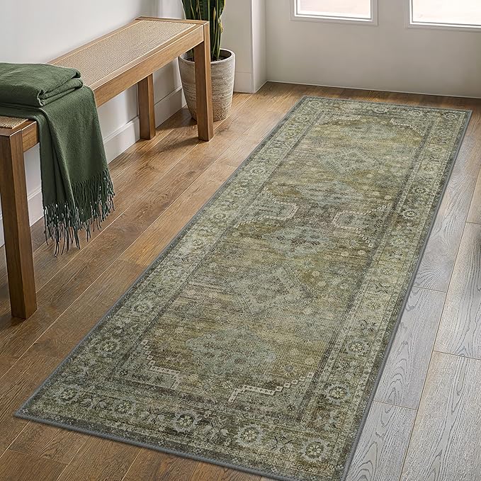 GENIMO Runner Rug 2x5 Non Slip Machine Washable Vintage Hallway Runner Rugs, Low Pile Lightweight Mat for Living Room, Entryway, Bedroom, Kitchen and Corridor, Distressed Sage