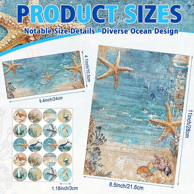 TaoBary 160 Pcs Stationery Paper Bulk 50 Double Sided Stationery Papers with 50 Matching Envelopes and 60 Round Dot Sticker, 10 Design (Ocean,8.5 x 11 Inch)