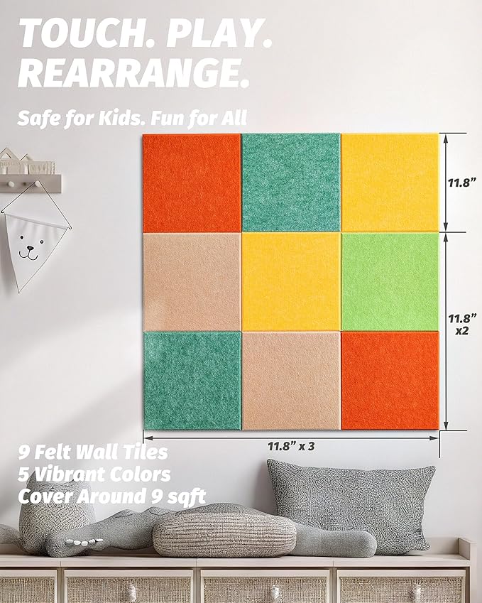 Felt Wall Tiles Bulletin Boards, Colorful Square Modular Design, Removable Cork Board Alternative for Wall, Felt Display Panels for Home, Office, Playroom 11.8”x11.8”, 9 Pack (Zesty Viva)