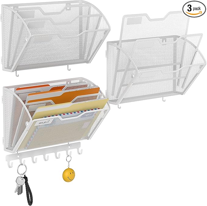 Docnest 3 Tier Mesh Wall File Holders with Hooks – 3 Pack Hanging Letter Holder - Document Organizer for Mail, Paper, Office, Home, School – Space-Saving Wall Mounted Folder Holder – White