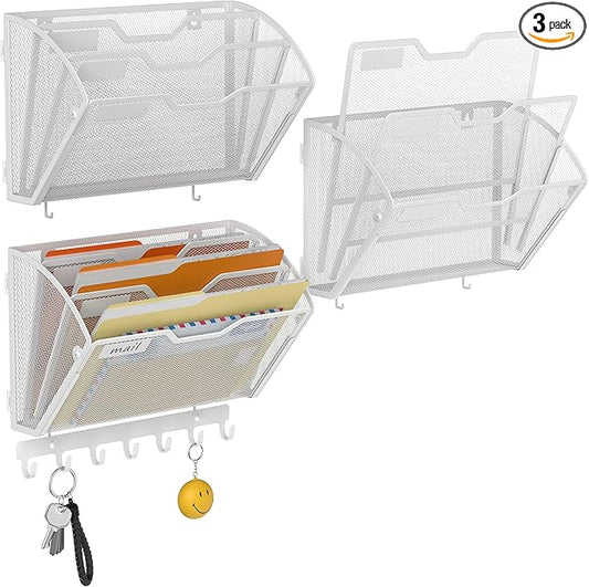 Docnest 3 Tier Mesh Wall File Holders with Hooks – 3 Pack Hanging Letter Holder - Document Organizer for Mail, Paper, Office, Home, School – Space-Saving Wall Mounted Folder Holder – White