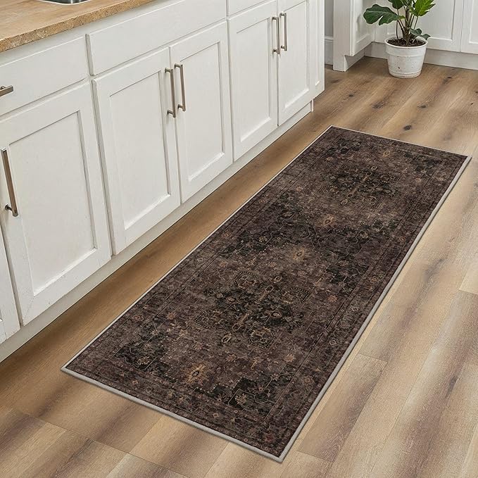 GENIMO 2x5 Runner Rugs for Hallway, Machine Washable Non Slip Vintage Rugs, Low Pile Lightweight Soft Print Rug for enrtyway, Corridor, Home, Office, Kitchen, Charcoal Brown