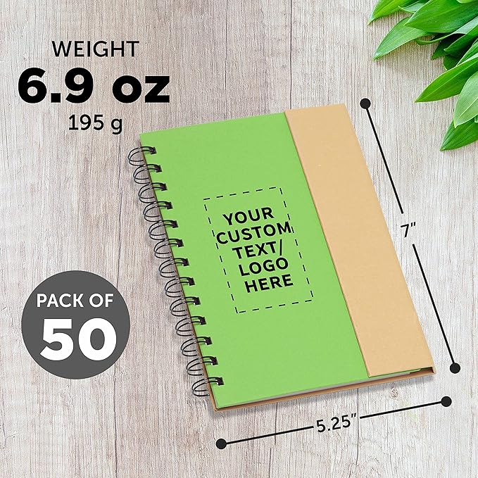 DISCOUNT PROMOS Custom Eco Friendly Spiral Notebooks with Pens Set of 50, Personalized Bulk Pack - Perfect for School, Office, Home - Green