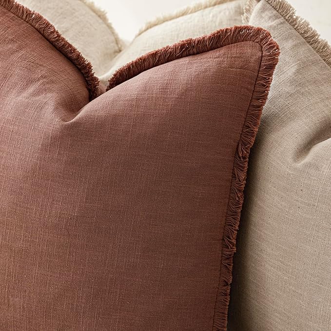 Foindtower Set of 2 Decorative Linen Fringe Throw Pillow Covers Boho Farmhouse Cushion Cover with Tassels Accent Pillowcase for Couch Chair Sofa Bed Living Room Home Decor,16×16 Inch,Rust Red