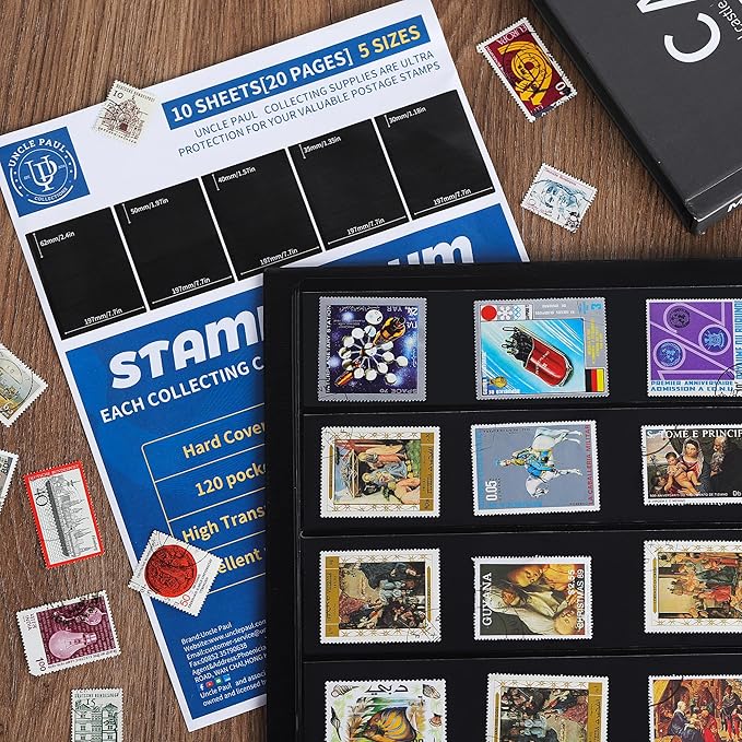 120 Pockets Stamp Album - Mixed Sizes Double-side Pages Artificial Leather Postage Stamp Holder Storage Book for Currency Banknotes Paper Folding Money Bills Documents Collection Black AS03MX1BK