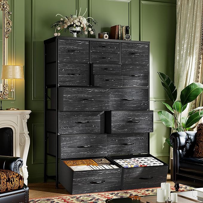 Romorgniz 57“H Dresser for Bedroom with Drawers, Fabric Dressers & Chests of Drawers, Large Black Dresser with Sturdy Metal Frame, Wood Top,Entryway, Hallway