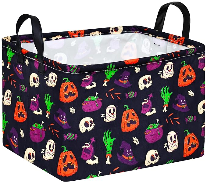 FUULOXE Halloween Ghost Storage Basket with Handles Pumpkin Open Gifts&Candy Spooky Basket stuffers for Kids Baby Collapsible Women Organizer Bins Toys Boxes for Shelves Home Office
