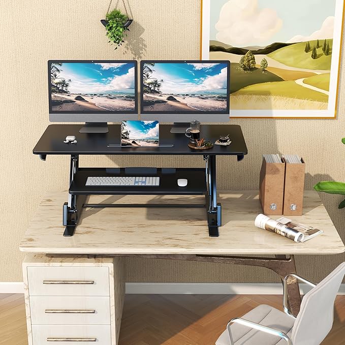 Lubvlook 42 inch Stand Up Desk Converter, Height Adjustable Sit Stand Desk Riser, Black, 42PB