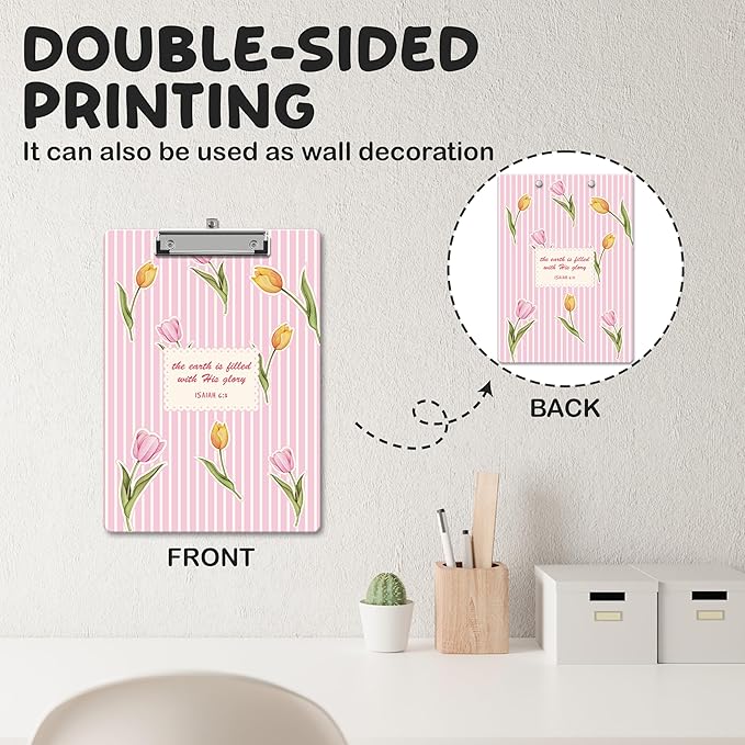 APIILVPQ Tulip Clipboard, Bible Verse Clipboards with Low Profile Clip for Office School Use, Pink Flower Wooden Clip Boards for Nurses Teachers Students - B01
