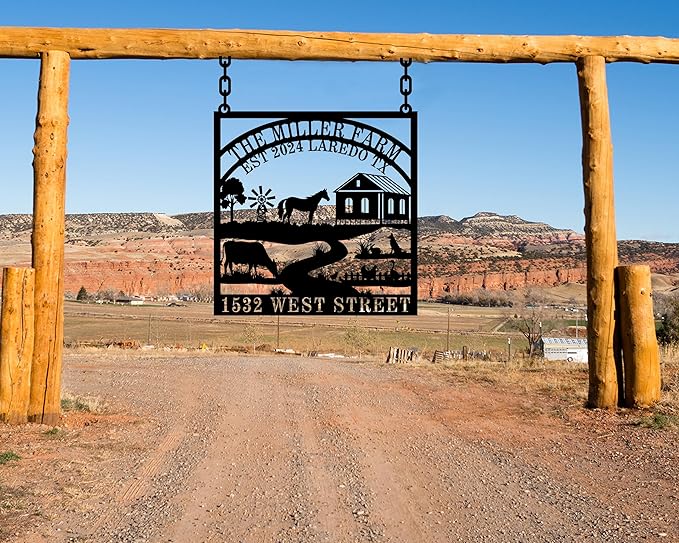 Custom Farmhouse Metal Sign | Personalized Last Name & Established Date Farm Scene Wall Art | Metal Farm Wall Art & Garden Decor | Unique Farmer Gift, Housewarming, or Ranch Decoration