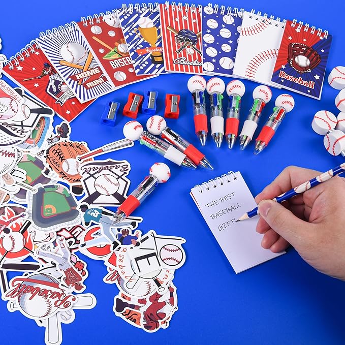 LiYiQ 247 Pcs Baseball Party Supplies Return Gifts for Party, Student Stationery Gifts from Teacher Rewards Prizes, Pencil Erasers Notebooks Stickers for Baseball Classroom Birthday