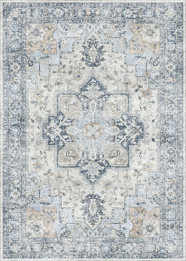 GENIMO 3x5 Area Rugs for Living Room, Machine Washable Rug, Non Slip Vintage Rugs, Low Pile Lightweight Chenille Print Rug for Bedroom, Dining Room, Home Office, Blue