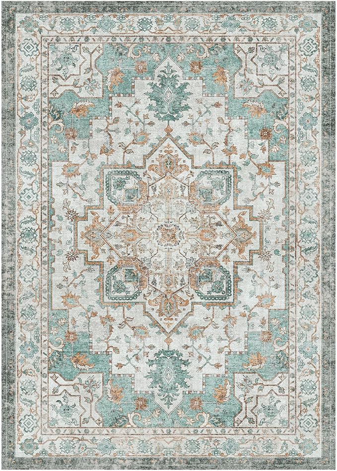 GENIMO 9x12 Area Rugs for Living Room, Machine Washable Non Slip Vintage Rugs, Low Pile Lightweight Chenille Print Rug for Bedroom, Dining Room, Home Office, Cyan
