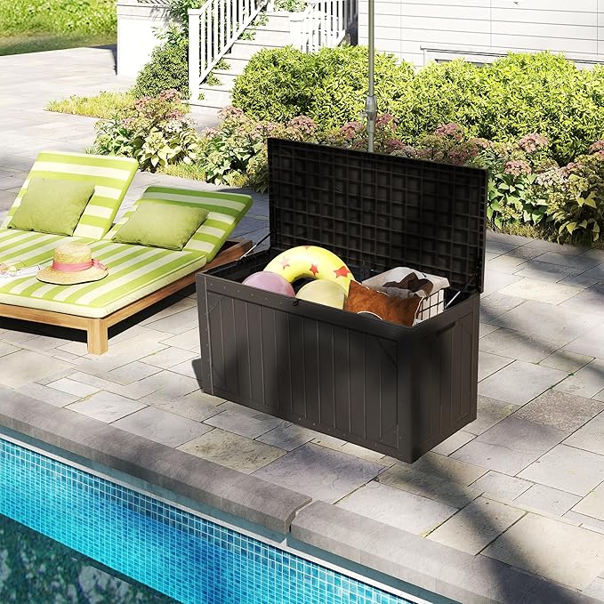 Decksplore 100 Gallon Outdoor Storage Box Waterproof, Lockable Resin Deck Box Patio Storage Bin for Pool Accessories Cushion Furniture, Garden Tools, UV-Resistant Outside Delivery, Black
