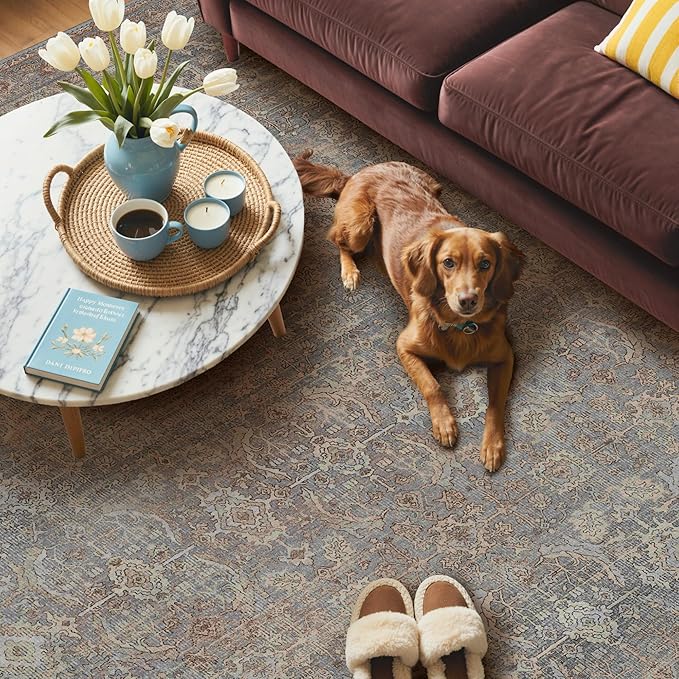 GENIMO 6x9 Area Rugs for Living Room, Machine Washable Non Slip Vintage Rugs, Low Pile Lightweight Chenille Print Rug for Bedroom, Dining Room, Home Office, Grayish Blue
