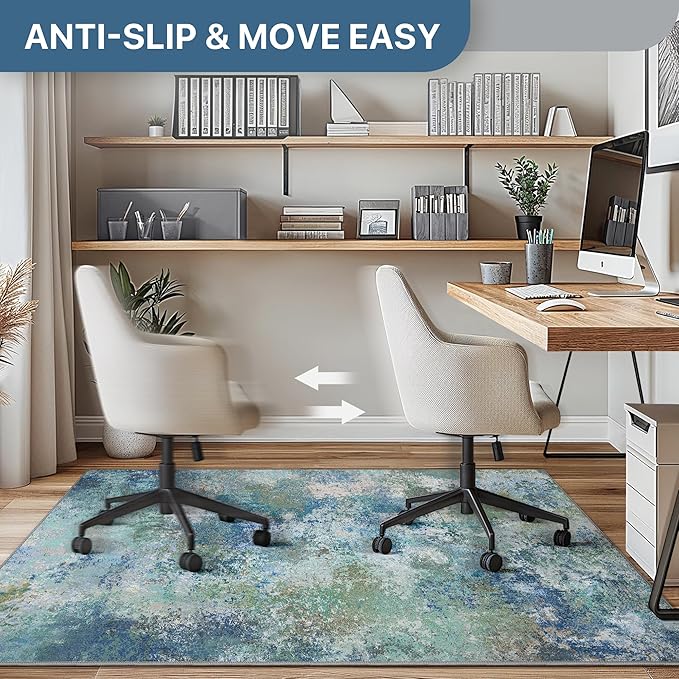 Office Chair Mat for Hardwood Tile Floor, Abstract 36"X 48" Desk Mats for Office Chair on Rolling Chairs Carpet, Desk Anti-Slip 1/5" Thick Rug for Computer Chair, Thin Low-Pile Floor Mat, Blue Green