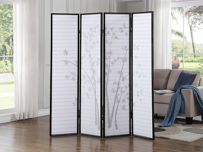 Roundhill Bamboo Print 4-Panel Framed Room Screen/Divider, black
