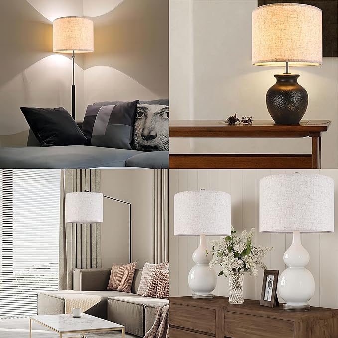 Set of 2 Drum Lampshades for Table, Floor & Bedside Lamps - 13 * 13 * 10 inch, Medium Beige Gray Shades - Natural Fabric Spider Fitter - Modern & Rustic Interiors - By GO&SO Assembly Required