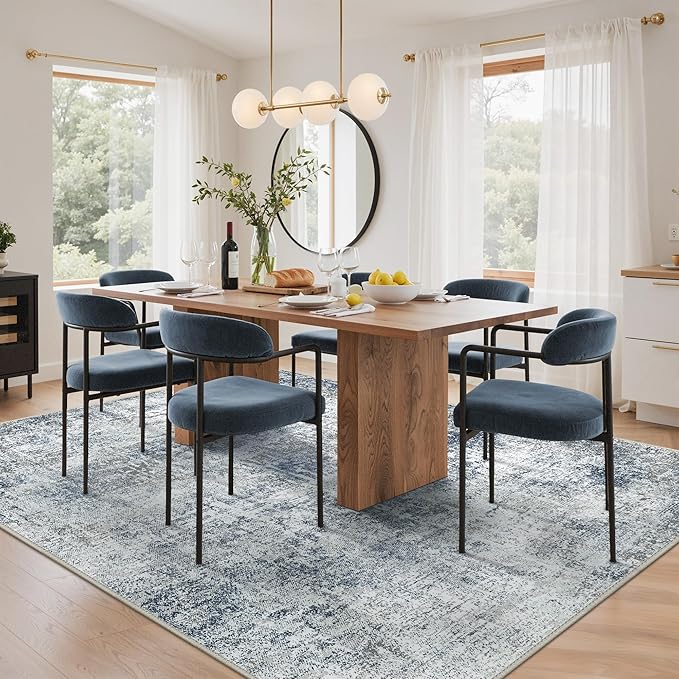 GENIMO Washable Area Rugs for Living Room, 8x10 Modern Non Slip Rugs, Low Pile Lightweight Soft Print Rug for Bedroom, Dining Room, Home Office, Washed Light Denim Blue