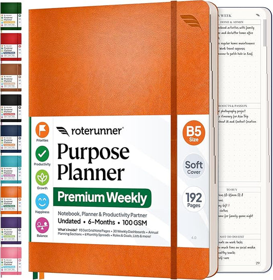 Roterunner Purpose Planner Notebook B5 5.8”x8.3” Undated 2026 Daily Weekly and Monthly Productivity Goal Setting Tool for Work Home ADHD Planner for Adults Self Care Journal (Orange Softcover)