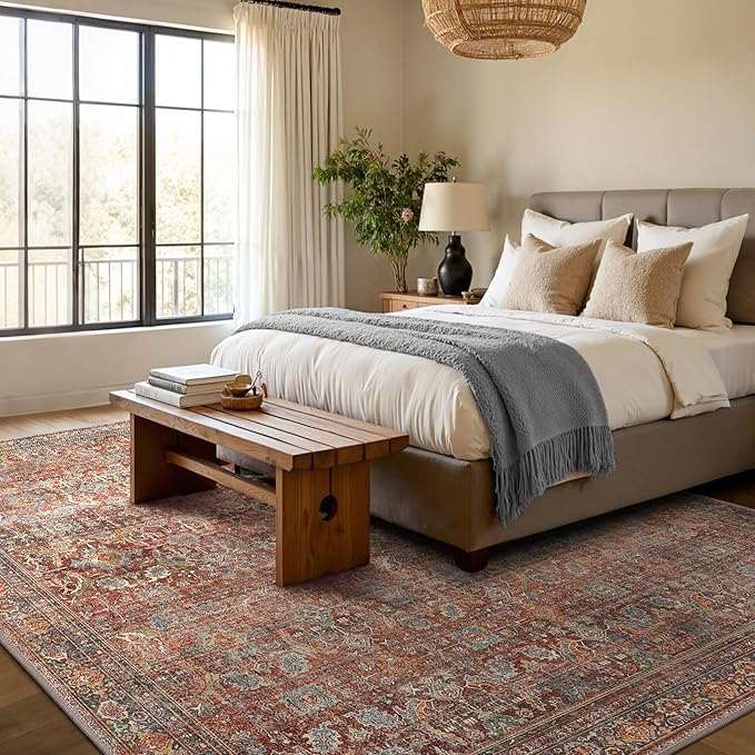 GENIMO 6x9 Area Rugs for Living Room, Machine Washable Non Slip Vintage Rugs, Low Pile Lightweight Chenille Print Rug for Bedroom, Dining Room, Home Office, Terracotta Indigo