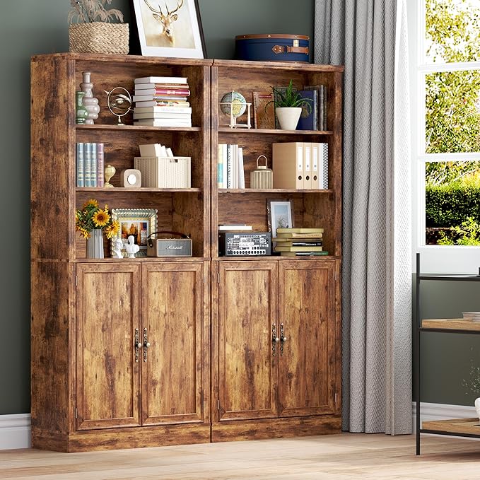 BORNOON 71.4" Tall Bookshelf with Cabinet, 5-Tier Floor Standing Bookcase with Doors & Adjustable Shelves, 31.5" Wide Storage Shelf, Metal Handles, Modern Organizer for Home Office, Living Room