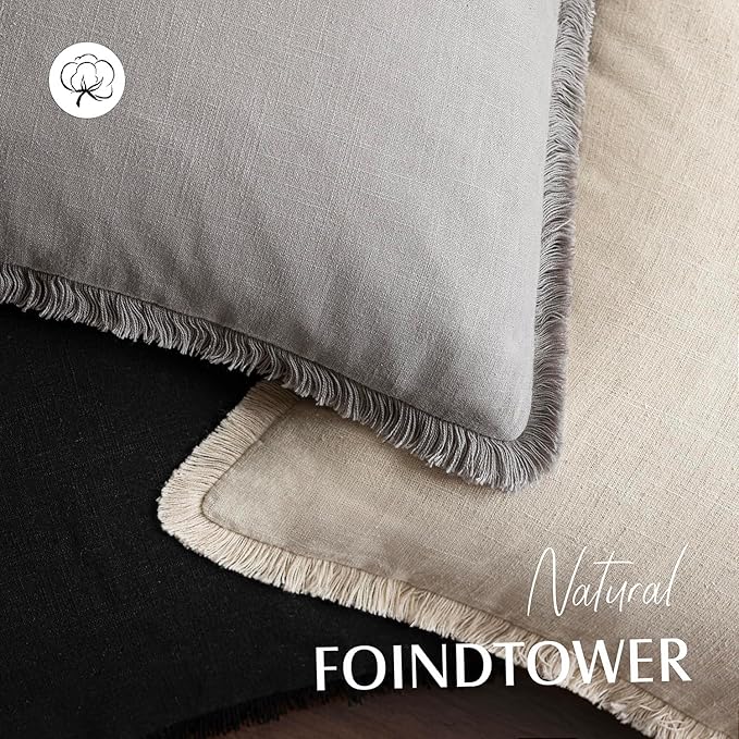 Foindtower Set of 2 Decorative Linen Fringe Throw Pillow Covers Cozy Farmhouse Cushion Cover with Tassels Accent Pillowcase for Couch Chair Sofa Bed Living Room Home Decor,18×18 Inch,Light Rustic Gray