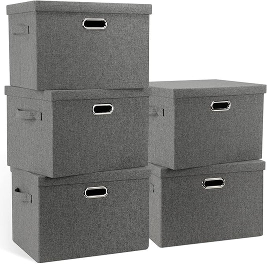 Graciadeco Large 17" 36 Quart Collapsible Stackable Storage Bins with Lids, 5 Packs Gray Foldable Fabric Closet Storage Boxes with Lids, Heavy-duty Linen Cube Baskets(17 x 12 x 11)