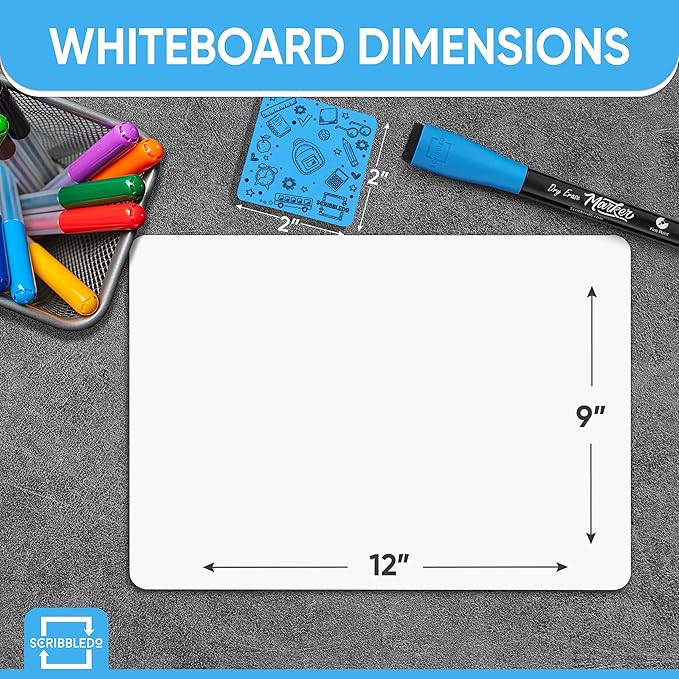 Scribbledo 12 Small White Board Dry Erase Boards Classroom Pack Mini White Boards 9"x12” Double Sided Personal Whiteboards for Students Teachers School Supplies Lapboards Mini Whiteboard Erasers Incl